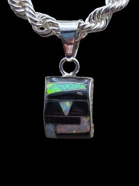 Southwest Sterling Silver Black Onyx Fire Opal Inlay Pendant HW